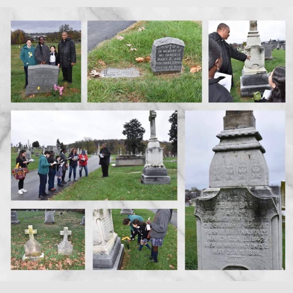 StAugustineRCDC's tweet photo. #BlackCatholicHistoryMonth
Our Pastor Fr. Patrick Smith, parishioners, students and parents pray and praise at the resting place of some of #StAugustine's founding members who are buried together, along with our first Pastor, Fr. Felix Barotti.
#SaintsofGod #EnduringFaith
1/6 https://t.co/tV55IaBYVM