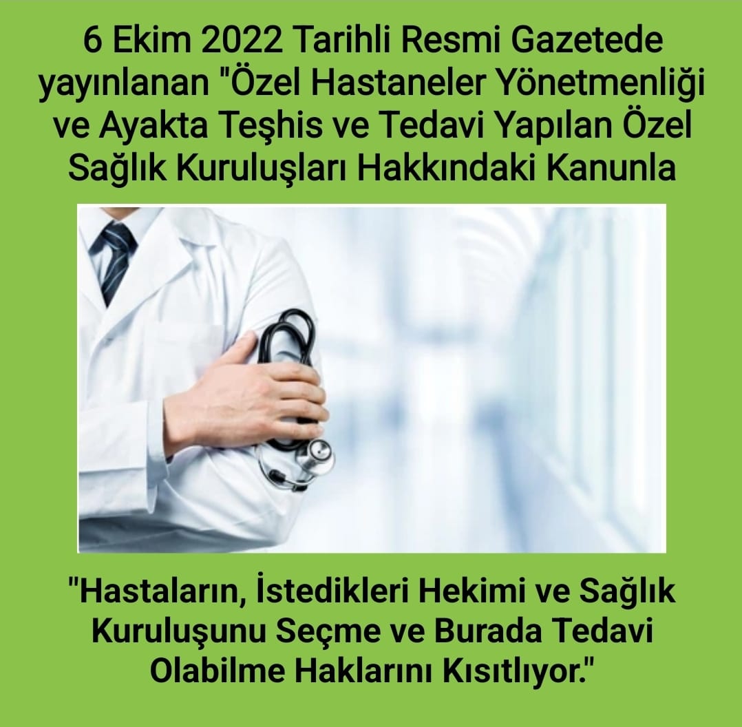 📌6 Ekim 2022 tarihli Sağlık kuruluşları yönetmeliği ;
Hekimleri ve hastalari magdur eden, Anayasaya, ilgili kanunlara ve hukukun temel ilkelerine aykırıdır.
 #HekimlerNeredeAmeliyatYapacak
#MedipolYönetmeliğineHayır
