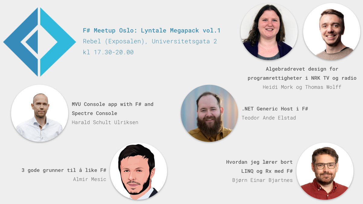 Oslo F# har gleden av å invitere til lyntale-megapack torsdag 12.januar fra kl 17:30-20.00 på Rebel (Universitetsgata 2).

Påmelding: lnkd.in/dMmbmxQy

Vi sees!

@bjartnes <a href="/hsulriksen/">Harald S. Ulriksen</a> @_teodoran <a href="/heidicmork/">Heidi Mork</a> <a href="/ThomasWolff90/">Thomas Wolff</a>
