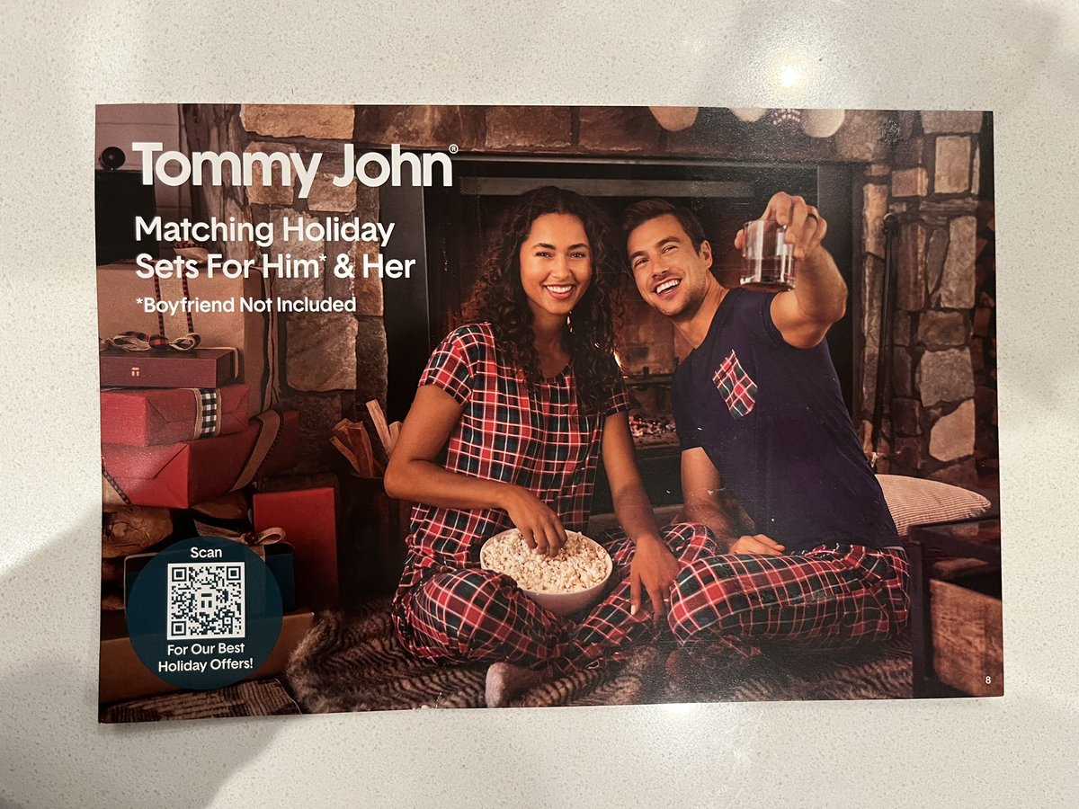 SarahSchott3's tweet photo. @TommyJohn I love your pajamas, but this ad makes me laugh. “Boyfriend not included”… he’s got a wedding ring on… scandalous. 🤔🤗 https://t.co/aZkhyAhRBG