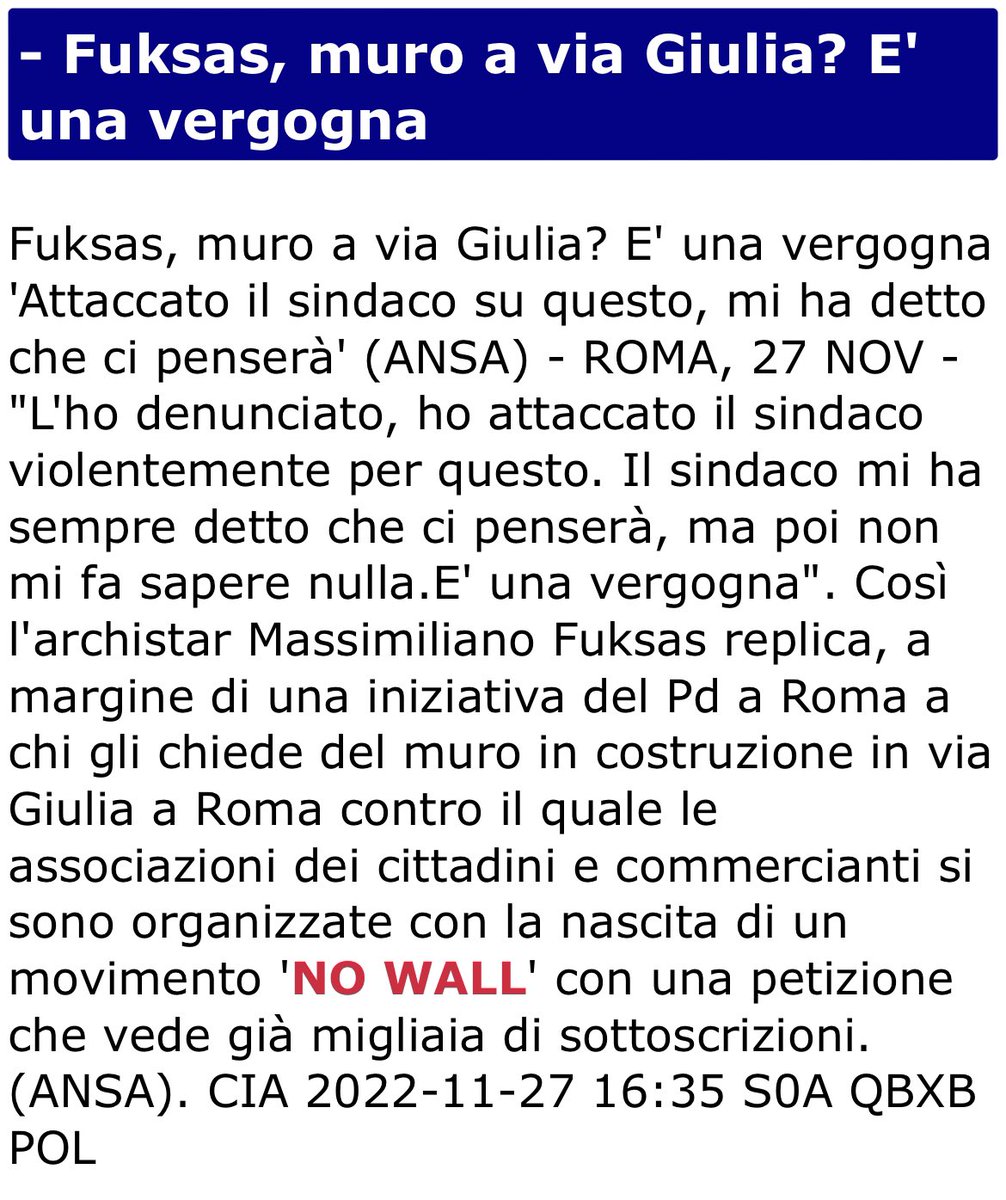 NoWall_'s tweet photo. Fuksas, muro a #viaGiulia? E' una vergogna 'Attaccato il sindaco @gualtierieurope su questo, mi ha detto che ci penserà'. #NoWall https://t.co/9loCPURqb7