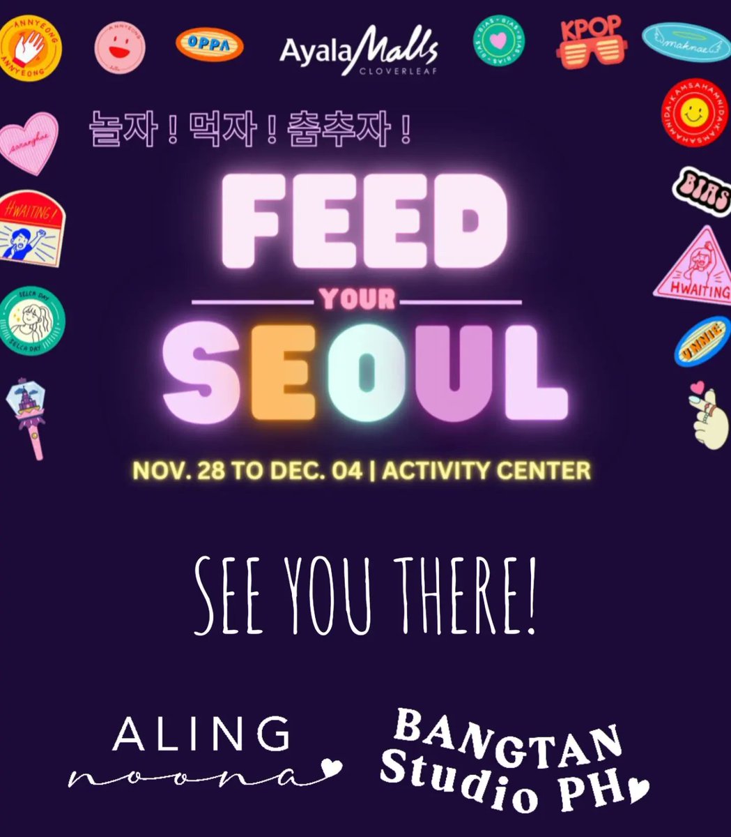 Hi guys! Visit our pop-up on Nov. 28-Dec. 4 (11AM-10PM) @ Ayala Malls Cloverleaf in QC! We are booths 15 &amp; 16 together w/ @bangtanstudioph!
SALE! Raffle! Lucky Draws! #JIN Day cupsleeve event! 💜

Visit our booth, take a 📸 &amp; use the hashtag #AlingNoonaAtFeedYourSeoul