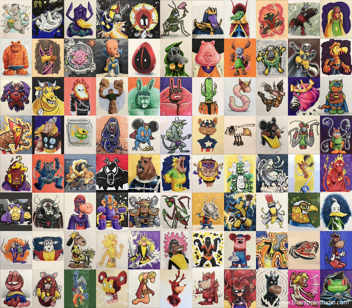 blueapple612's tweet photo. A collection of my Earth-8311 lunchbox illustrations from last year. Some characters are canon, while I am responsible for the remaining bad animal puns.

#marvel #earth8311 #markercolorpencil #silverslother #thescentry #xmen #drawing https://t.co/JJZPRgtyq4