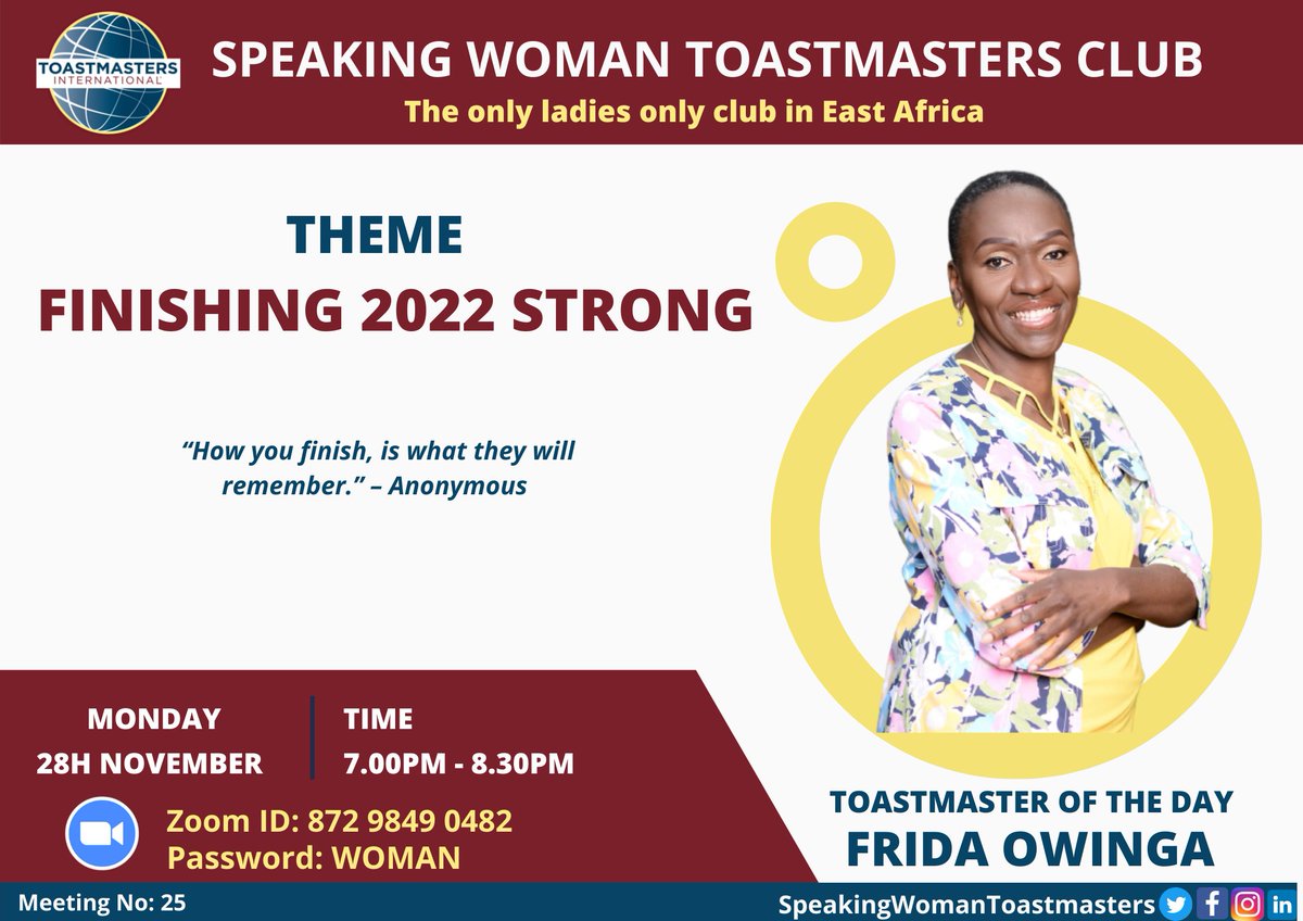 Are you intending to finish 2022 with a Bang?

When? Monday 28th Nov. 7pm - 8.30pm

#SavetheDate #LadiesOnly

Join Zoom Meeting
us06web.zoom.us/j/87298490482?…

Meeting ID: 872 9849 0482
Passcode: WOMAN
