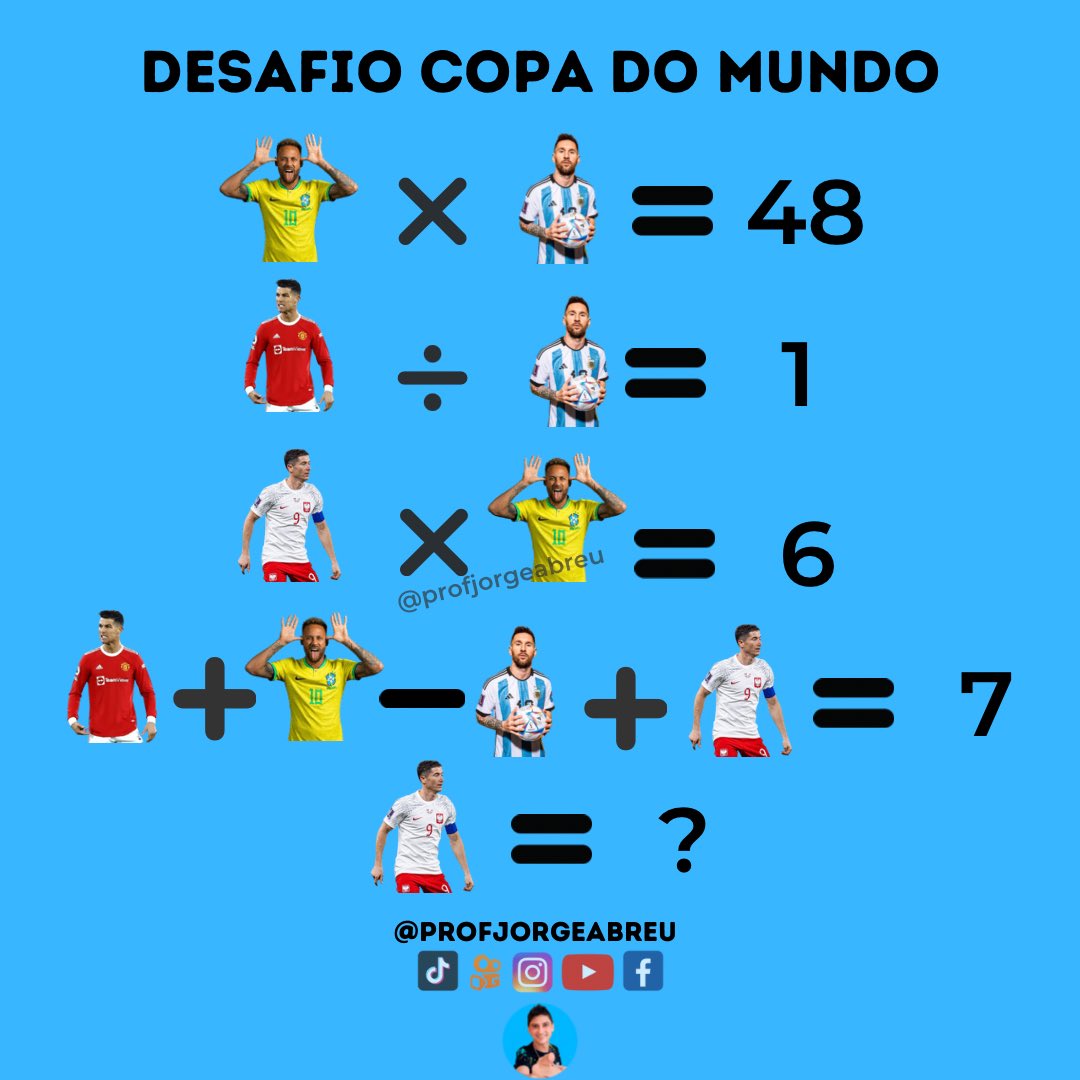 profjorge_abreu's tweet photo. Desafio da copa. 

#CopaDoMundoFIFA #CopaDoMundo2022 #messi #Lewandowski #neymar #CristianoRonaldo #matematica #math #maths https://t.co/E2QeTtMdwT