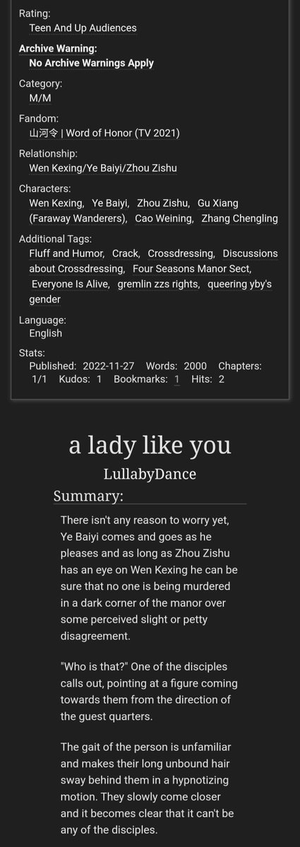 lullabydance's tweet photo. "a lady like you"
👗 word of honor
👗 oneshot, 2k, T
👗 wkx/yby/zzs
👗 post-canon, discussions about crossdressing and actual crossdressing
👗 zzs needs someone to go undercover as a woman. things devolve from there

for day 7 of #YeBaiWeek 

ao3🔗 https://t.co/30iA9LjU8r https://t.co/Q9A75KPjnp