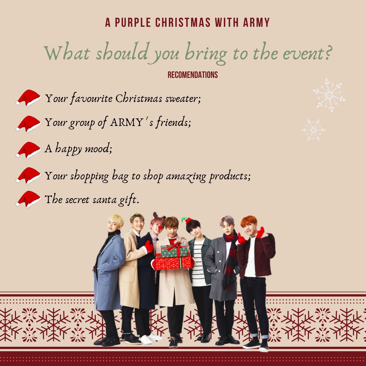 Check list do que trazer para os eventos 🎅 

Tragam os vosso grupo de Army’s e até familiares para este evento que vai ser épico com um grande espírito natalício 🎄

Inscrições 👇🏻 
Porto: signupgenius.com/go/10C0E48AFAB…

Lisboa: signupgenius.com/go/10C0E48AFAB…