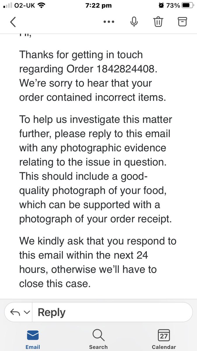 GazCostello's tweet photo. @JustEatUK Can you please explain this when someone puts a complaint in about your order and then want to pictures 36 hours after you ordered your food a bit embarrassing really https://t.co/66dVqJpA1J