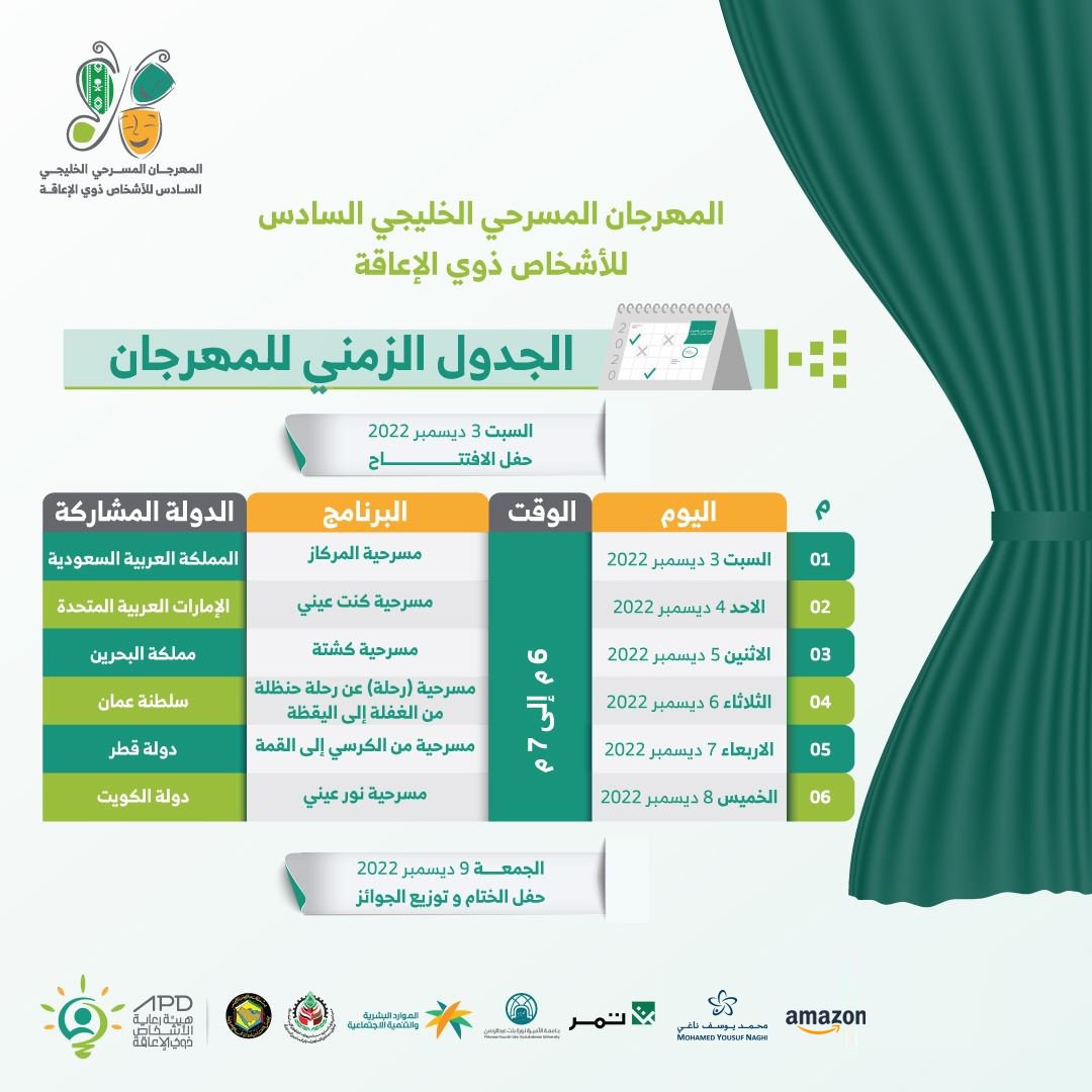 APD_ksa's tweet photo. برعاية معالي رئيس مجلس إدارة هيئة رعاية الأشخاص ذوي الإعاقة، م. أحمد بن سليمان الراجحي، ندعوكم لحضور مهرجان #المسرح_الخليجي_السادس للأشخاص ذوي الإعاقة، يستعرض المهرجان العروض المسرحية للدول المشاركة وعدد من ورش العمل المتخصصة والفعاليات الفنية
للتسجيل: https://t.co/YUVUqpzUAc https://t.co/C8To7O2unV