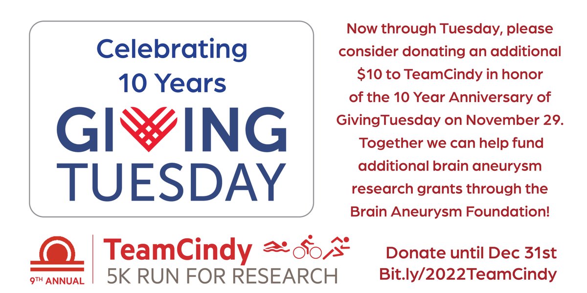 Now through Tuesday, please consider donating an additional $10 to TeamCindy in honor of the 10 Year Anniversary of GivingTuesday on November 29. Together we can help fund additional #brain #aneurysm #research grants through the <a href="/BAFOUND/">Brain Aneurysm Foundation</a> ! #GivingTuesday  Bit.ly/2022TeamCindy