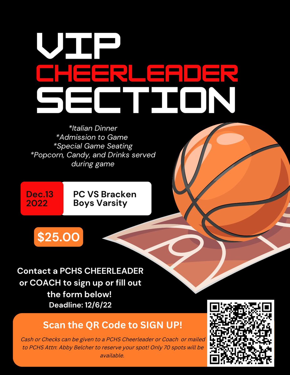Let me know if you would like to sign up! Come be apart of a new experience at PC and support PC Boys basketball and PC Cheer! 😊