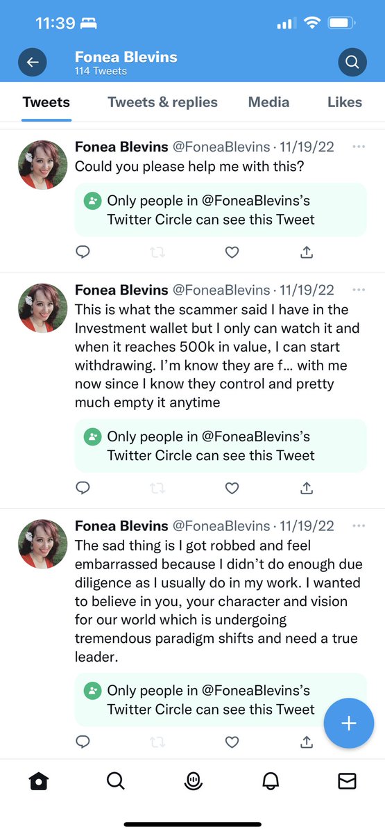 FoneaBlevins's tweet photo. @Dua_sahil359 @MMCrypto This is one example! Don’t get scammed like me by the so called “Crypto pioneers”. Don’t expect Elon to help you either. He will not! Look at the examples and see the sequence for yourself please 🙏 https://t.co/KB6CMwFGUU