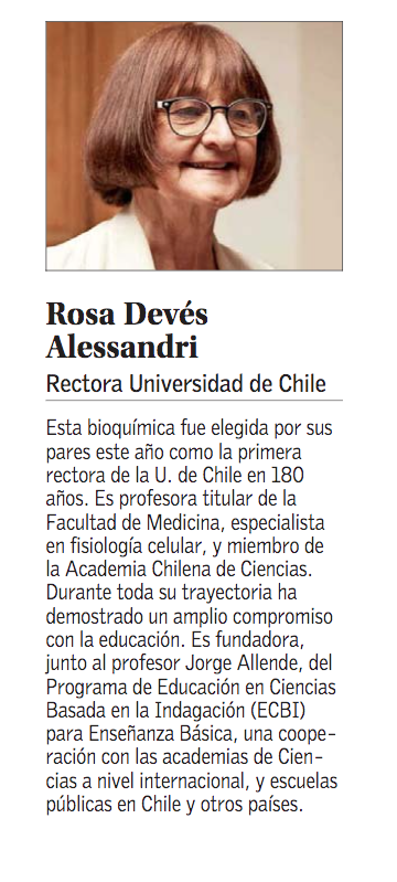 uchile's tweet photo. [UCHILE en la Prensa] La Rectora @RosaDeves es parte de las 100 Mujeres Líderes, en su 21ª edición organizada por @ElMercurio_cl y Mujeres Empresarias, junto a varias otras egresadas y académicas Uchile. Aquí dejamos el perfil de la máxima autoridad de la Casa de Bello. https://t.co/G3MwgDRhuj