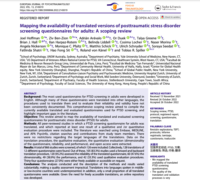 Psychotraumatol's tweet photo. Mapping the availability of translated versions of posttraumatic stress disorder screening questionnaires for adults: A scoping review https://t.co/Mr7lCvcRyN 

=> find translated, validated #PTSD #screening #questionnaires here: 
https://t.co/Sa2CQu3huP

@TRSpiller @ZivBenZion1 https://t.co/MY9lhB5kP8