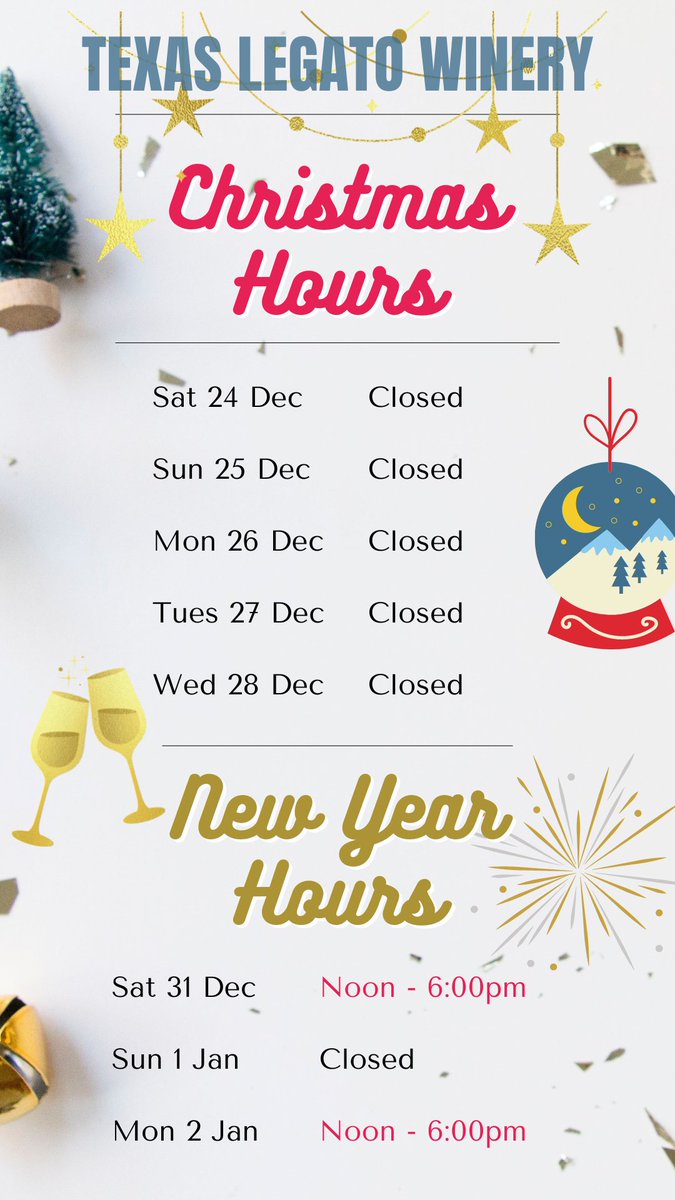 🎄🎉Here's our Christmas/New Years schedule. Pick up &amp; ship your holiday wines Th-M, Noon-6pm (Su 5pm) in time for your celebrations! Online prices = shipping/tax added. texaslegatowinery.net/shop-wines.html #wine #txwine #winery #holidayhours #christmasshopping #newyears #holiday #lampasas