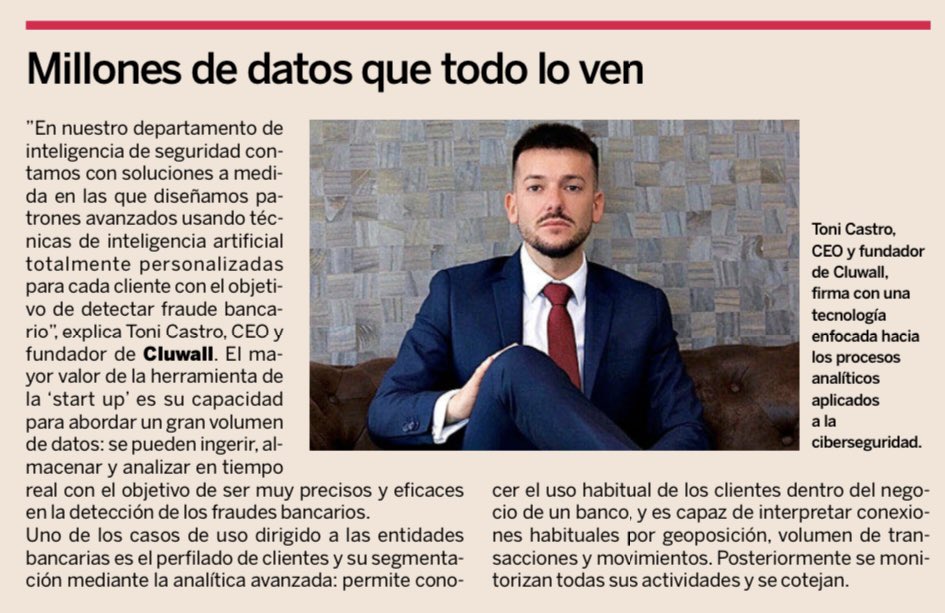 ntncstr's tweet photo. @cluwall empresa de referencia en la construcción de soluciones avanzadas aplicando inteligencia artificial para la detección del fraude bancario. Por @expansioncom #Ciberseguridad #InteligenciArtificial https://t.co/g5WBuUPyL4