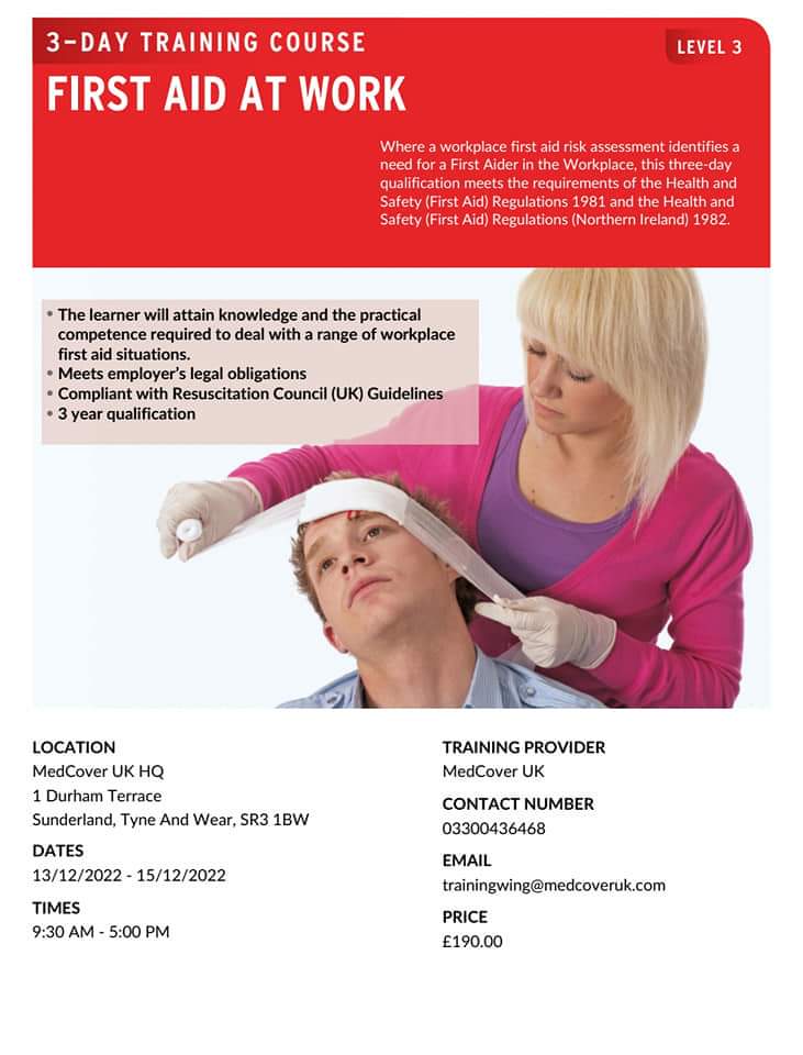 Our next two Level 3 First Aid at Work (RQF) courses.
🗓️13-15 December. 
🗓️11-13 January.
📍 MedCover UK Ltd , 1 Durham Terrace, SUNDERLAND, SR3 1BW. 
💷£190 per person.
To book: 
🌐 Visit our website medcoveruk.com
📧 Email trainingwing@medcoveruk.com
📞 03300436468