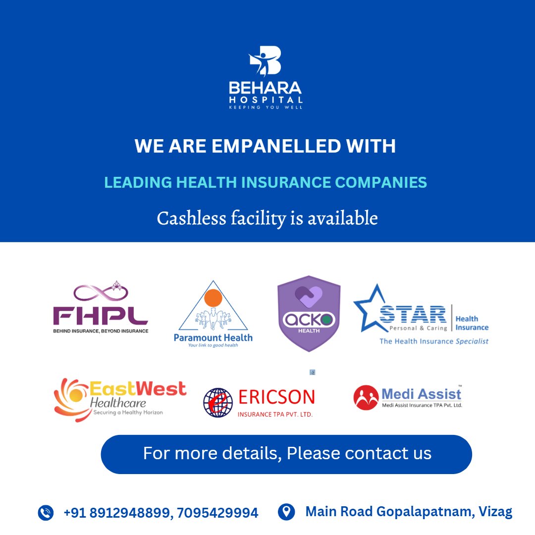 beharahospital's tweet image. We are empaneled with leading #healthinsurance companies.
Cashless facility is available!!

Book an Appointment: +9170954 29994
Visit our website: beharahospital.com

#BeharaHospital #FHPL #Mediassist #starhealthinsurance #eastwesthealthcare #ericson #paramounthealth