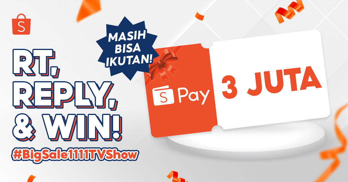 ShopeeID's tweet photo. ✨ SHOPEEPAY 3 JUTA GIVEAWAY ✨

Masih ada SHOPEEPAY 3 JUTA buat Sobat Shopee! Mau? Ini caranya:

- FOLLOW @ShopeeID 
- RT &amp; LIKE tweet ini
- REPLY "SHOPEE 11.11 #BigSale1111TVShow #HariIniGratisOngkir #ShopeeKaraokeDapetMobil" maks. 20x aja!

GOOD LUCK 🧡 https://t.co/cnNhhf0KhI