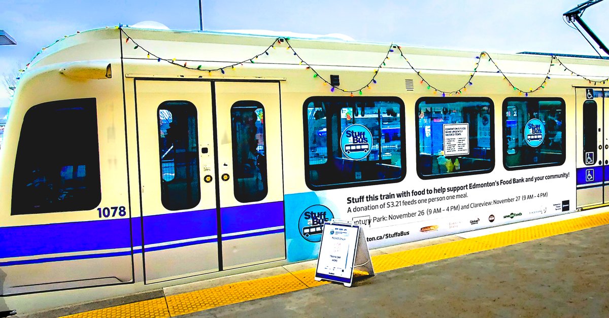 takeETSalert's tweet photo. Help us collect food donations to stuff a train stationed at Clareview LRT station (48 Street and 139 Avenue NW). The LRT car will be stationed from 9 AM to 4 PM today. @yegfoodbank volunteers will be collecting tap donations outside the train. #ETSStuffABus #FEEDYEG #YEGTransit https://t.co/Hmizl7yRoB