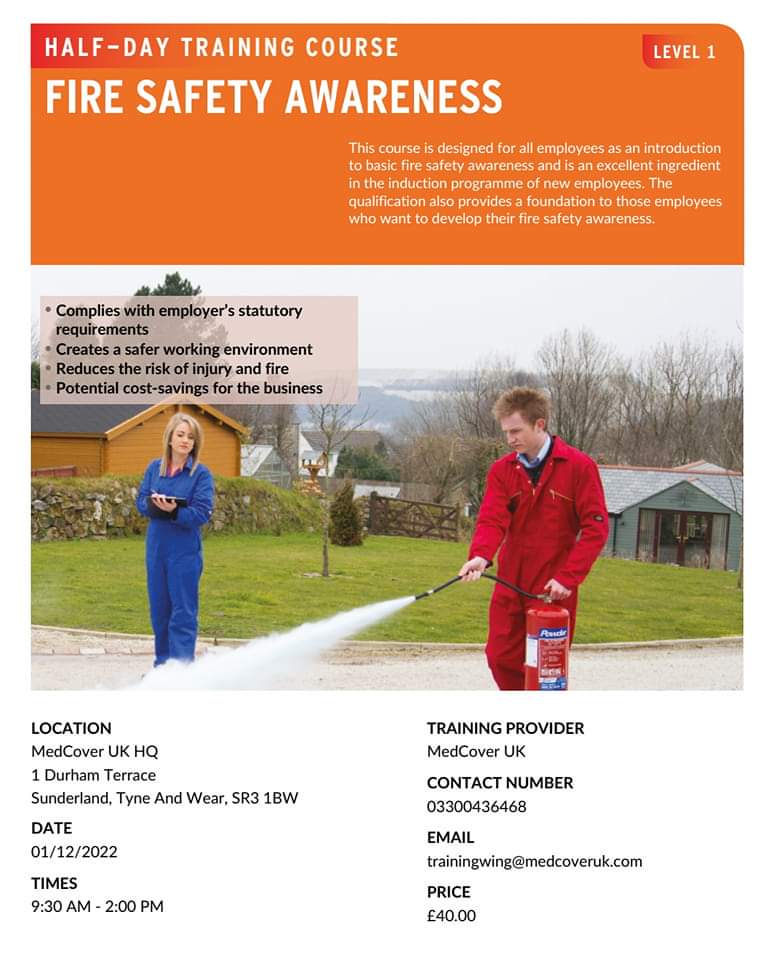 Level 1 Fire Safety Awareness : Half day course

📍MedCover UK, 1 Durham Terrace, Sunderland, SR3 1BW

🗓️01 December 22

⏳10am to 2pm 

💷£40pp

7 places available. 

medcoveruk.com/products/01-de…