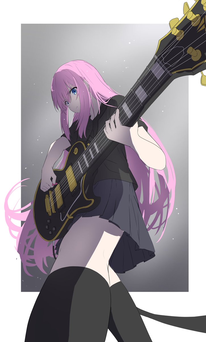 gotou hitori 1girl instrument pink hair solo long hair guitar skirt  illustration images