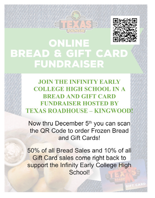 Support IECHS with our online bread &amp; gift card fundraiser with Texas Roadhouse. Scan the QR code or go to t.ly/CAOV to order bread or gift cards. 50% of all bread sales &amp; 10% of all gift card sales come back to IECHS. Deadline to order is Dec 5. #ncisd #goknights
