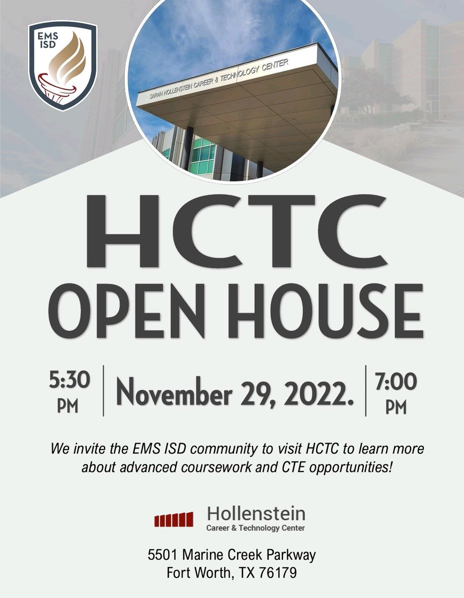 Please join us for the HCTC Open House on Tues, Nov 29th. We look forward to showing you the amazing opportunities that <a href="/EMSISD_CTE/">EMSISD CTE</a> offers for our students! Open to all <a href="/EMSISD/">EMS ISD</a> community.