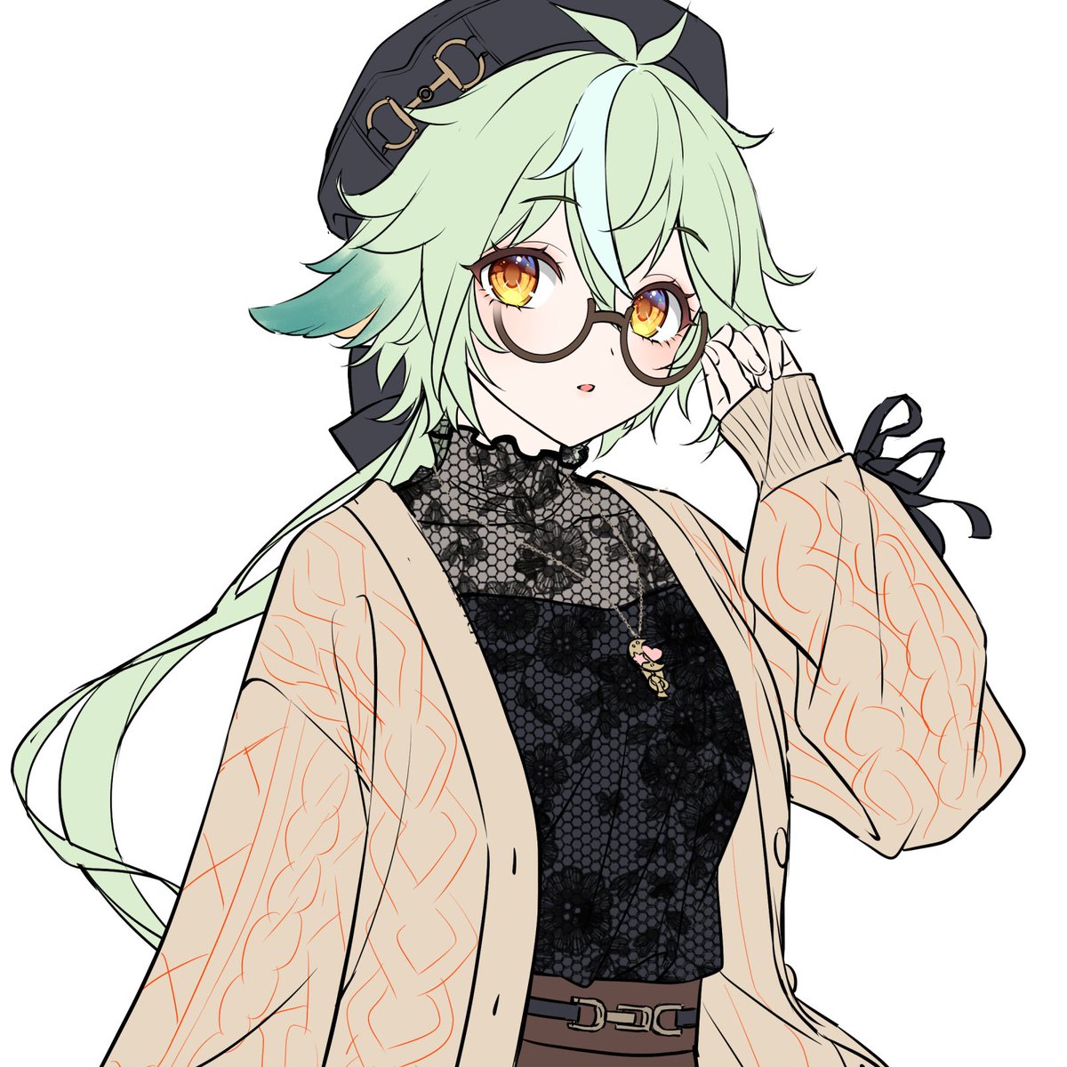 sucrose (genshin impact) 1girl solo glasses green hair hat white background simple background  illustration images