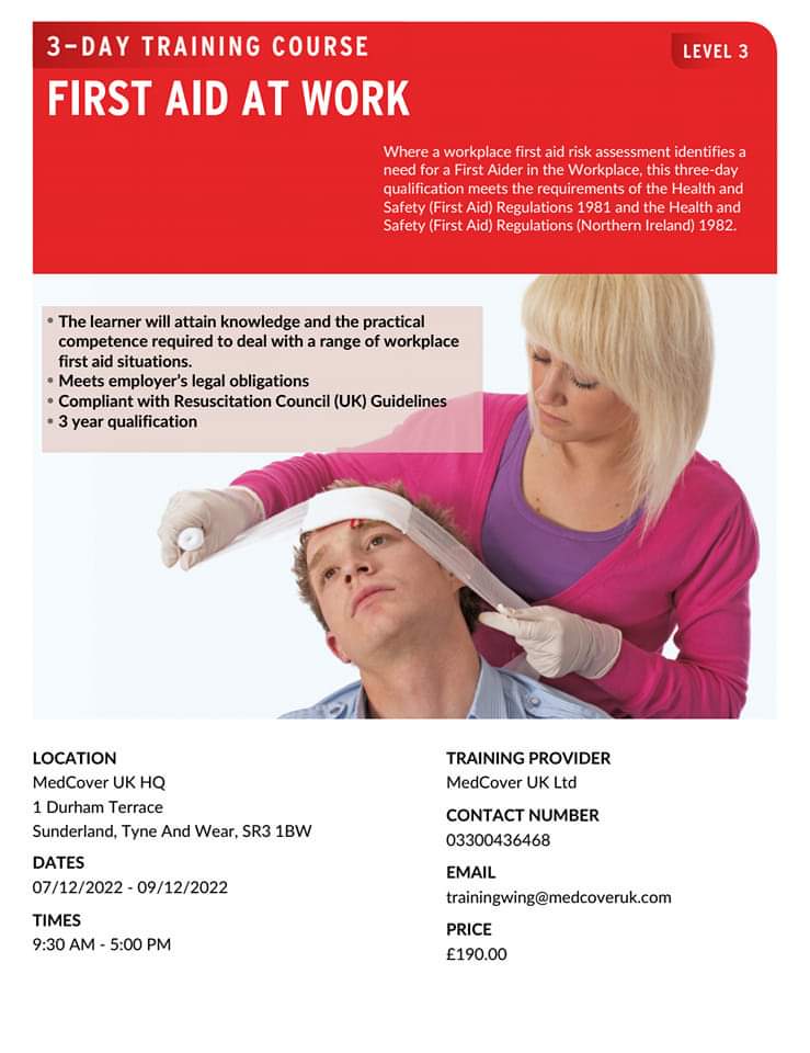 Level 3 First Aid At Work (RQF) 
Another course added to our December training programme
🎓 Lvl 3 FAAW 
📍 MedCover UK, 1 Durham Terrace, SR3 1BW. 
🗓️ 7-9 December 22
⏳9:30am-5pm 
💷£190 per person

Book your place ↙️
medcoveruk.com/products/7th-9…
 email↙️
trainingwing@medcoveruk.com