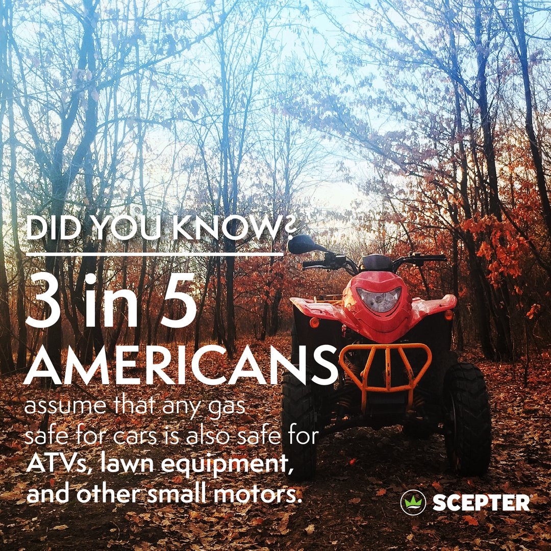sceptercan's tweet photo. Many ATVs and lawn equipment cannot operate with the same fuel that's used for your car. Always check the manufacturer's guidelines to ensure you're filling up with the proper fuel. https://t.co/fYFN22FiIk