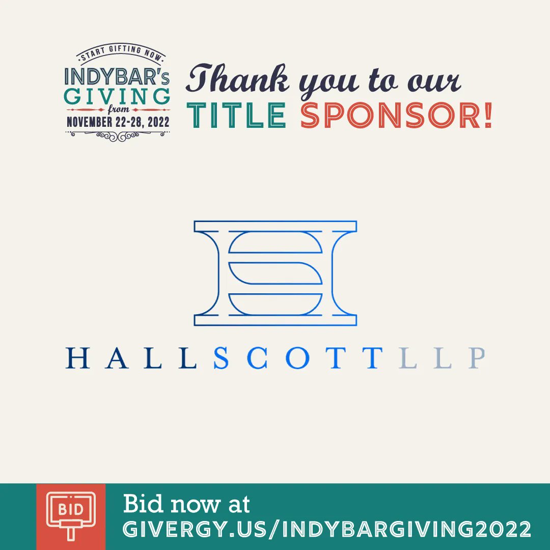 IndyBar's Giving closes tomorrow at 4:30 p.m. Get those bids in as soon as possible on With our auction slowly coming to an end, wanted to extend a HUGE thank you to our title sponsor, Hall Scott LLP. Place your bids now at givergy.us/IndyBarGiving2…