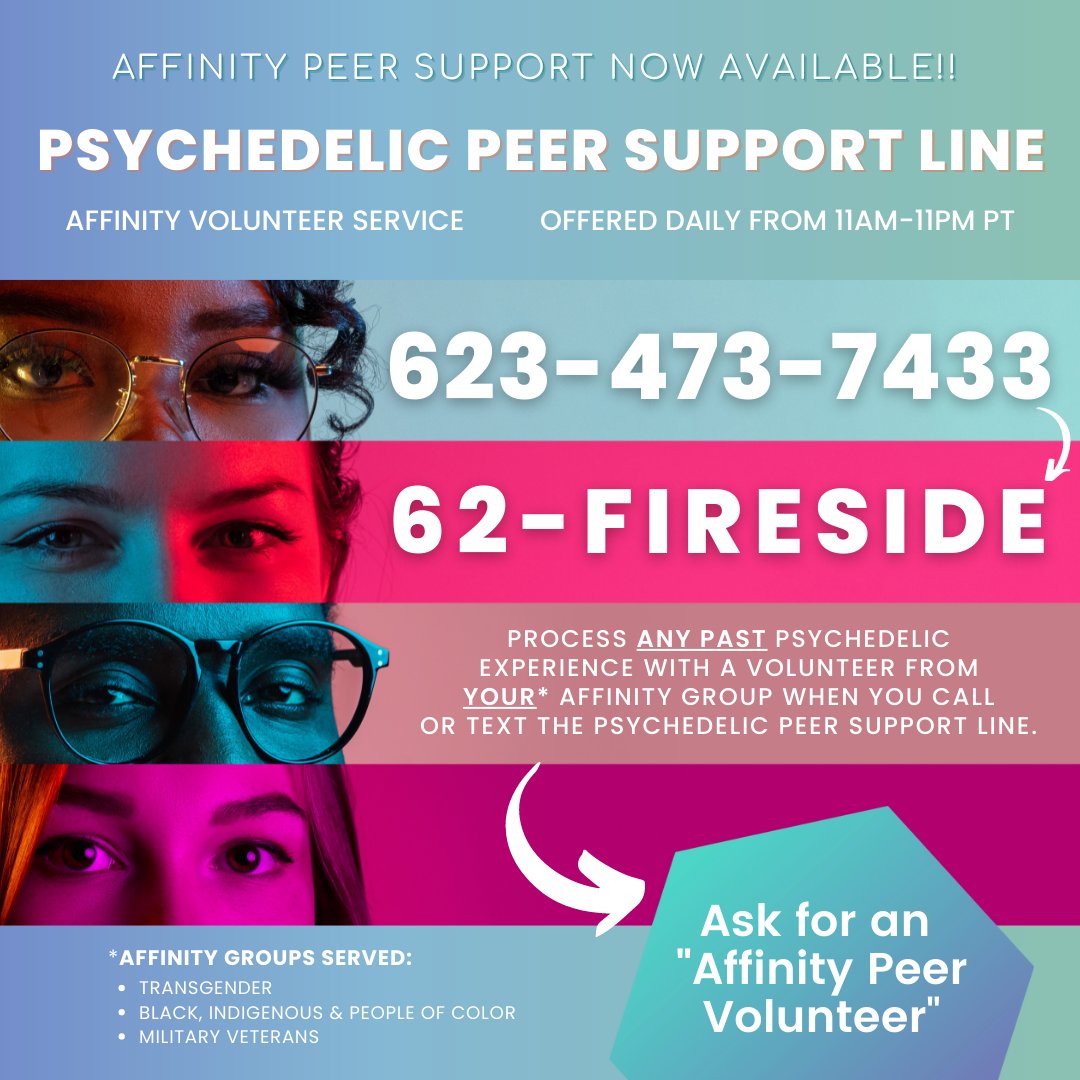 GlowFireside's tweet photo. BIPOC, transgender, and/or military veteran callers to #FiresideProject's Psychedelic Peer Support Line can now call or text in and request to process past psychedelic experiences with a support-line volunteer sharing that aspect of their identity! https://t.co/jiTIIFT30y https://t.co/hwIRclqrAe