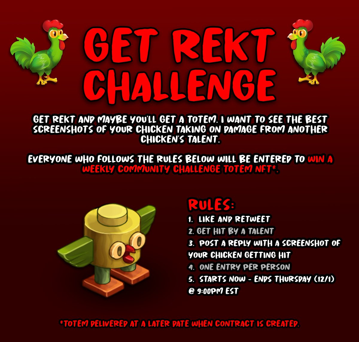 Fledge0x's tweet photo. WEEKLY CHALLENGE IS LIVE!!!

This one should be a lot of fun. Fill the comment section with pictures of your bird getting rekt!

Follow the rules below for a chance to win a Totem. 

🏁🐔🏁 #WeRaceTheChickens https://t.co/OBwOX3a4Wr