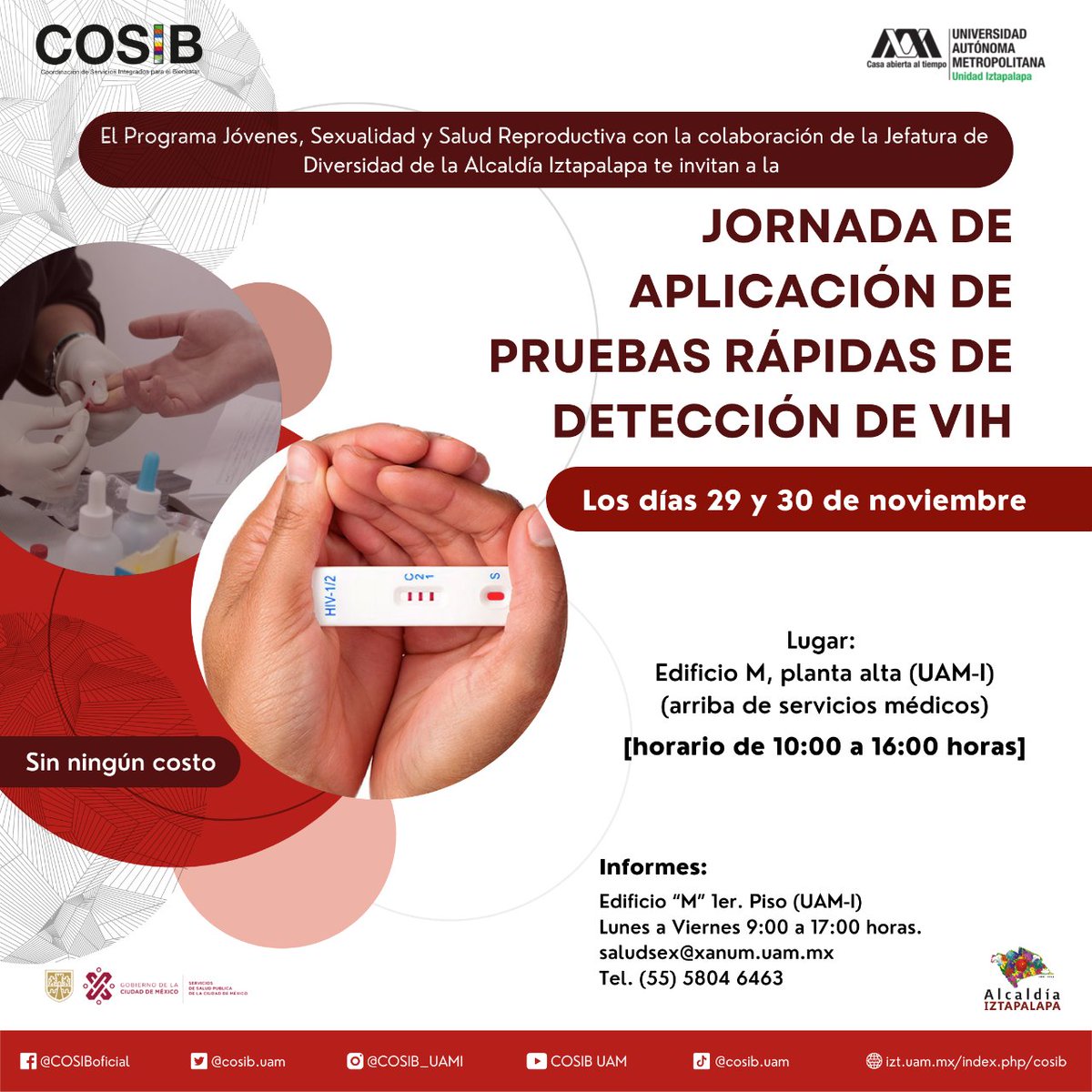 COSIB_UAMI's tweet photo. Este próximo martes 29 y miércoles 30 de noviembre visítanos en la Jornada de aplicación de pruebas rápidas de detección de VIH. 🩸✅
¡No tienen ningún costo!
➡️Jornada abierta al público en general
¡TE ESPERAMOS!
#COSIB #HaztelaPrueba #VIH #UAMI https://t.co/OvMGK4ORuB