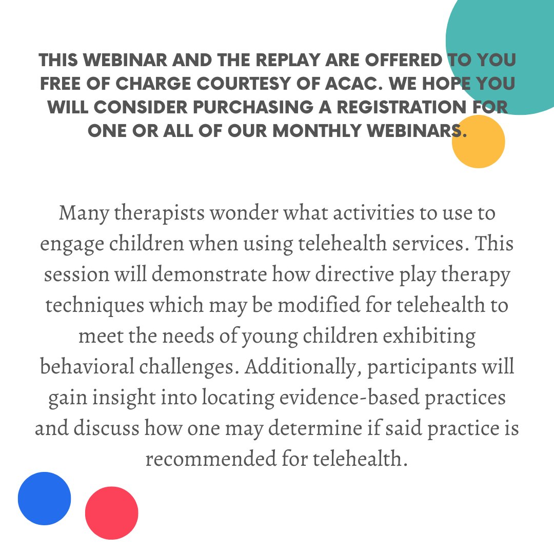 acacchild's tweet photo. This webinar and the replay are offered to you free of charge courtesy of ACAC. We hope you will consider purchasing a registration for one or all of our monthly webinars.
https://t.co/QoZWSDEdLD
#acacchild #virtualplaytherapy #telementalhealth #counselingchildren https://t.co/6Z4DdxFeyW