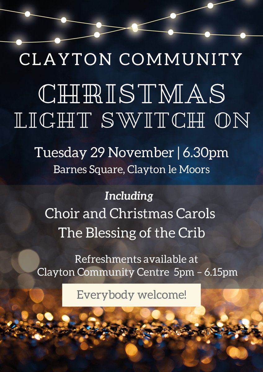 HyndburnCouncil's tweet photo. Come along to Clayton Community Light Switch-on next Tuesday 29 November at 6.30pm 📍Barnes Square, Clayton le Moors.

🎶🎄Choir and Christmas Carols
👼The Blessing of the Crib

@HyndburnLeisure https://t.co/QwdMkufnL2