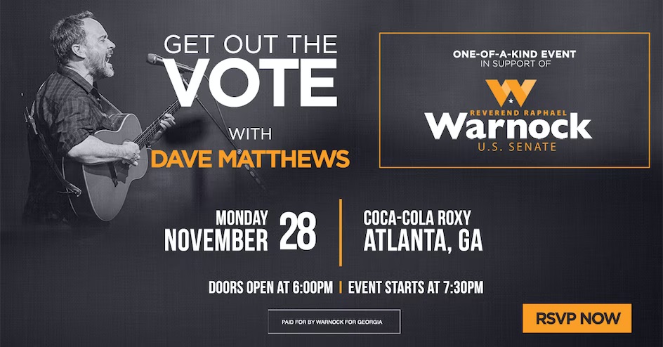 GeorgiaDemocrat's tweet photo. This Monday, Dave Matthews is helping get out the vote for Rev. Warnock. Don’t miss it! 

https://t.co/C6zQBOgtY8 https://t.co/bAEudP6Qk4