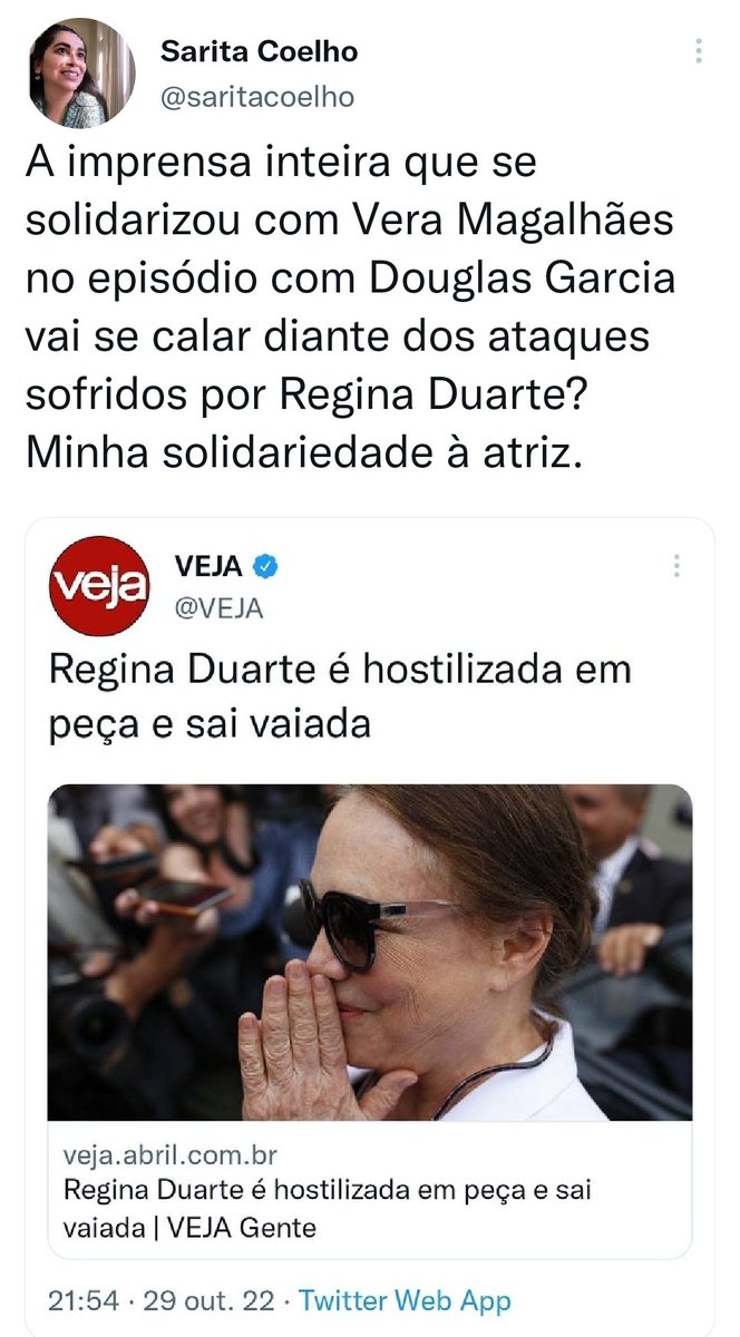 saritacoelho's tweet photo. Aonde estava a imprensa quando a Regina Duarte foi escrachada num teatro em São Paulo? Ah, lembrei-me: aplaudindo o ataque! https://t.co/nqQzQeEq0O