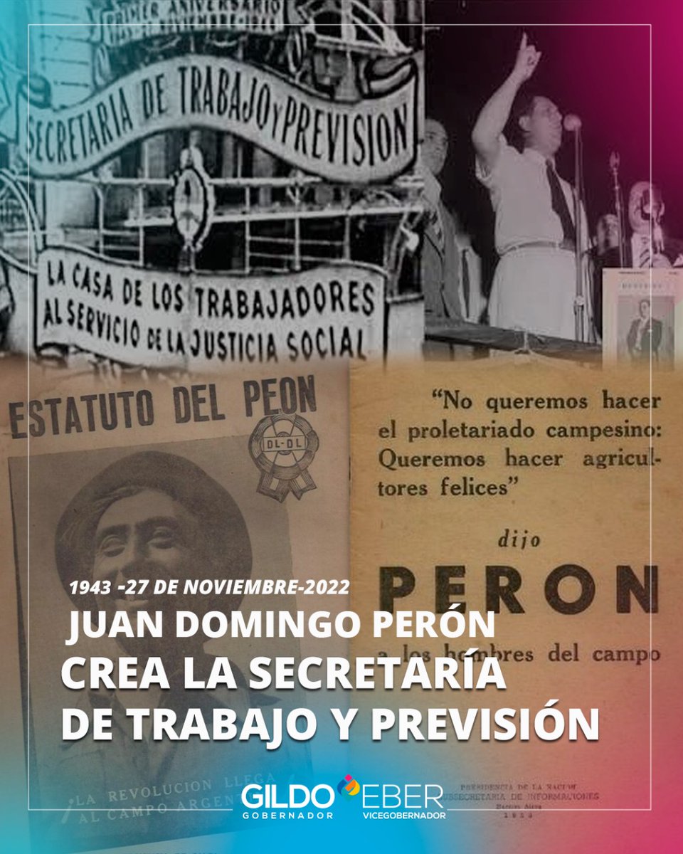 ebersolisfsa's tweet photo. #27deNov | PERÓN CREA LA SECRETARÍA DE TRABAJO Y PREVISIÓN: 79 AÑOS POR LA JUSTICIA SOCIAL ✌️🇦🇷
En un día como hoy, pero de 1943 Juan Domingo Perón crea la Secretaría de Previsión y Trabajo 👷🏻♀️⚙️esto significó un antes y un después en la historia de nuestro país: https://t.co/S6bMENgGYX