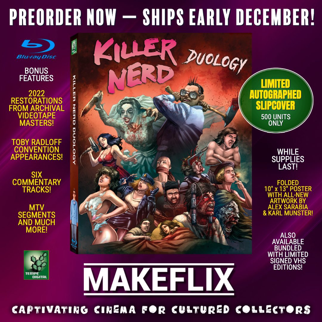 makeflix's tweet photo. *** 2 MORE DAYS TO SAVE DURING BLACK FRIDAY WEEKEND! ***
EARLY โ90S SOV FULLY RESTORED & BACK FOR NERD-VENGE!
โKILLER NERD DUOLOGYโ
LIMITED TO 500 UNITS WITH SIGNED SLIPCOVER!
Preorder now, ships early December!
#makeflix #tempedigital #killernerd #SOV #bluray #autographed https://t.co/KWx6on8hwm