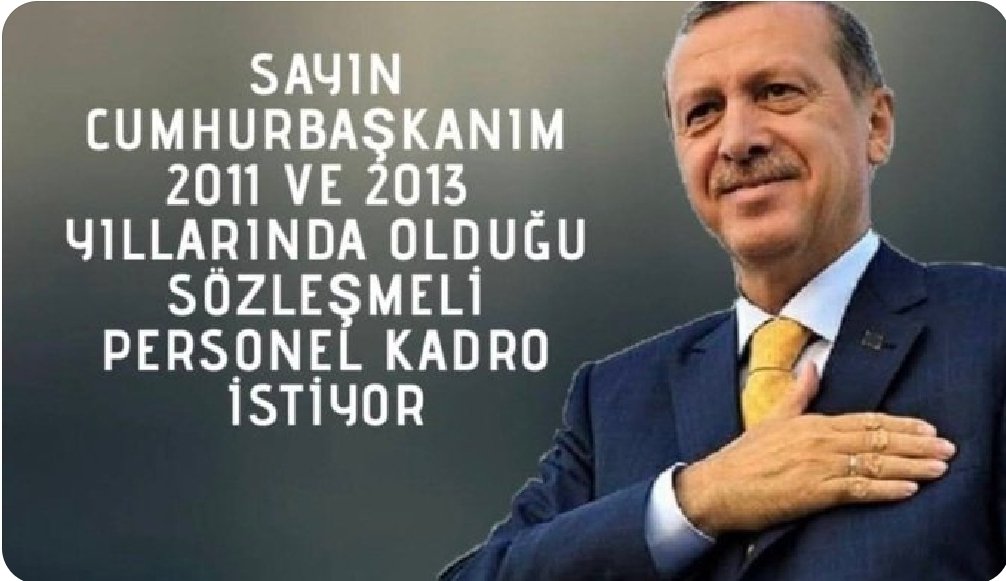 Sayın Cumhurbaşkanım 2011 ve 2013 Yıllarında Kadro Müjdesi Verdiniz 600 Bin Sözleşmeli Memur Aynı Müjdeyi Sizlerden Bekliyor

Yarın Yapılacak Kabine Toplantı Sonrası Gözümüz Kulağımız Sizde Olacak <a href="/RTErdogan/">Recep Tayyip Erdoğan</a>
#KabineSözlmYeKadro