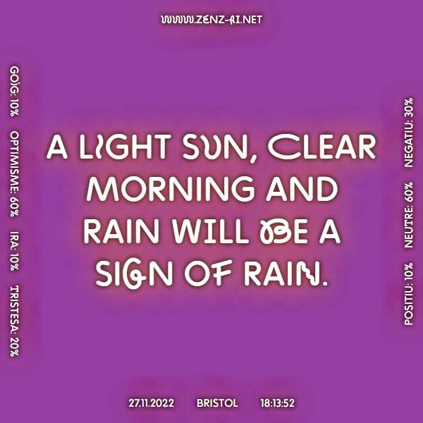 zenz_ai's tweet photo. A light sun, clear morning and rain will be a sign of rain. #Bristol 27.11.2022, 18:13:52.  
 
 Learn more 👉 https://t.co/VSooGD86ma 
 
#weathersayings #weatherproverb #weather #AI #ArtificialIntelligence #ContemporaryArt https://t.co/gkxOXiQy8i