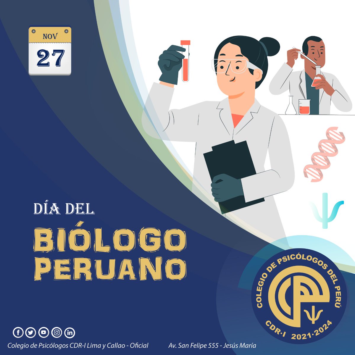 CPsPLimaCallao's tweet photo. 📆#27DeNoviembre
El Colegio de Psicólogos CDR-I Lima y Callao saluda a todos los #Biólogos del Perú por su gran labor en bien de la salud.
@Cbiologosperu https://t.co/w8s4Ipfbv7
