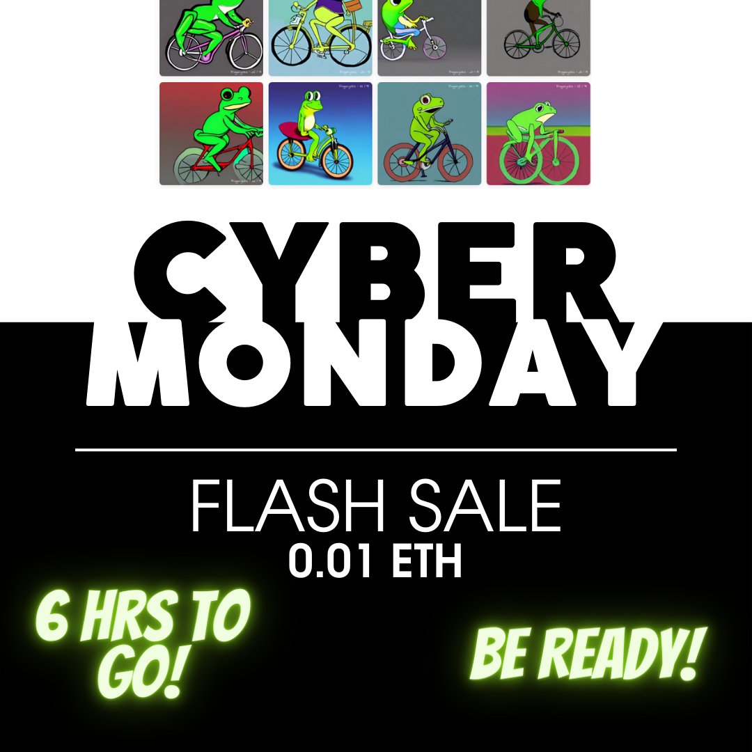 FrogoCycles's tweet photo. The biggest FrogoCycles sale starts in 6 HOURS! The lowest ever sale price of only 0.01 ETH. The one-time opportunity to buy for the lowest price!

https://t.co/ku5G4dBt3v

#NFTCommunity #NFTartists #nftcollector #NFT #NFTProjects #nftart #NFTsales #NFTartwork #NFTartist #opensea https://t.co/6Dijb2zdU1