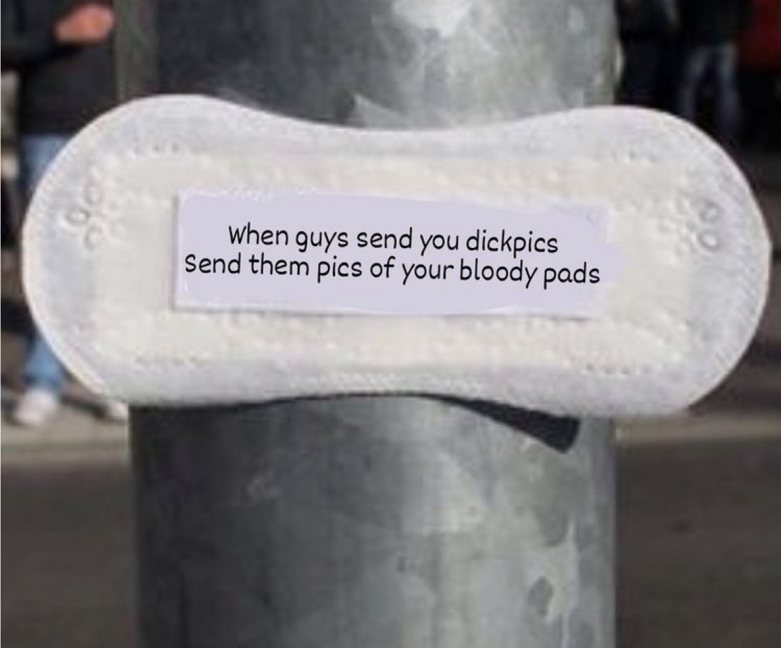 drproudchild's tweet photo. Ladies, stand up to the men who violate us with visions of their junk. nothing says “we won’t stand for it” like sending them a picture of our sacred, monthly flow. #WeFlowAsOne https://t.co/0vTvacNSbR