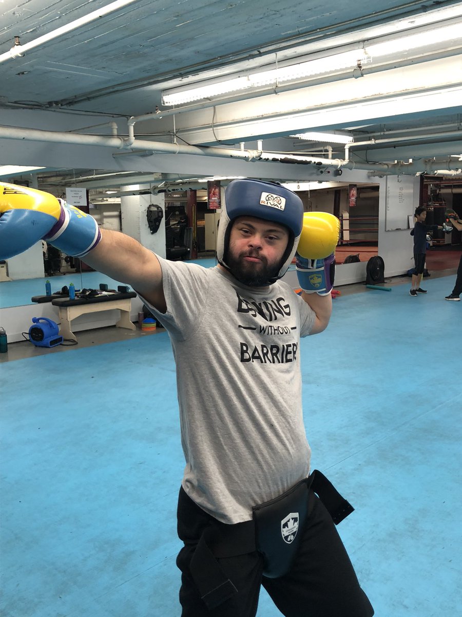 BWBOttawa's tweet photo. Carson channeling Usain Bolt energy after his first ever sparring session. Carson is beginning to train for his first fight. #boxingwithoutbarriers #boxingontario #beaverboxingclub #ottawasport #accessiblesport #sportforall #icandothattoo https://t.co/CqPA4nz3Sh