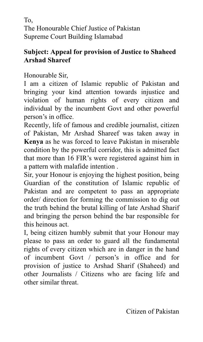 MianAliAshfaq's tweet photo. Add your name and CNIC details and submit it in Supreme Court. 

This is least we can do for Arshad Sharif. https://t.co/15DIWueiQU