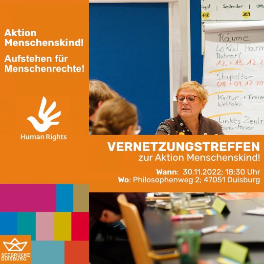 Wohnt ihr in #Duisburg oder Umgebung und habt Lust unsere Veranstaltung „Menschenskind!“ zu unterstützen - dann kommt vorbei am Mittwoch! Wir freuen uns über jede Unterstützung! 🤝 

#HumanRights #RefugeesWelcome