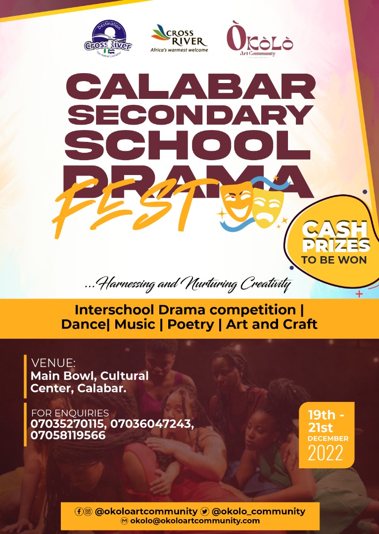 Okolo_Community's tweet photo. It brings us the greatest pleasure to invite you all to The Calabar Secondary School Drama Fest!
The festival is an educative, three day  interschool theatre competition which brings six schools in Calabar to compete for the best theatre performances.
#peterobi #wike #AishaBuhari https://t.co/1WfkvwsSRS